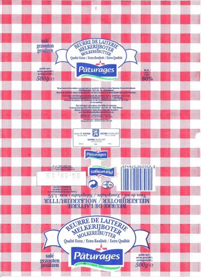 Pâturages beurre de laiterie melkerrijboter molkereï butter qualité extra extra qualität salé gezouten gesalzen 500g BE CO 122-1 CE Belgique
2012-10-02