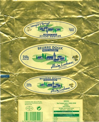 Alain Ledanec fin et naturel beurre pasteurisé doux Briois 250g FR 62.510.102 CE Nord-Pas de Calais France
2013-06-03