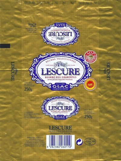 Lescure beurre des Charentes château de Claix AOP beurre Charentes-Poitou G.L.A.C. 250g FR 17.434.002 CE Poitou-Charentes France
2013-06-03