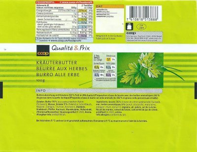 Coop qualité & prix foodprofil www.coop.ch/foodprofil kräuterbutter beurre aux herbes burro alle erbe fabriqué en Suisse CH 2409
2013-07-25