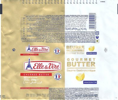 Elle & Vire beurre gastronomique gourmet butter beurre doux unsalted butter baratté churned butter produced in France 250g FR 50.139.001 CE
2013-07-29