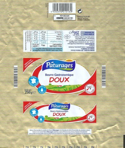Pâturages beurre gastronomique doux crème origine France source de vitamine A 250g FR 44.187.001 CE Pays de loire
2013-07-31