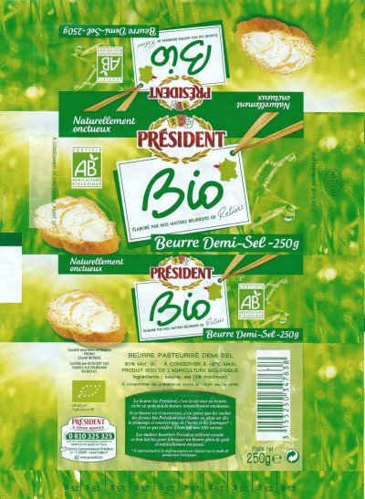 Président bio naturellement onctueux beurre demi-sel élaboré par nos maîtres beurriers de Retiers 250g FR 35.239.005 CE Bretagne France
2013-07-31