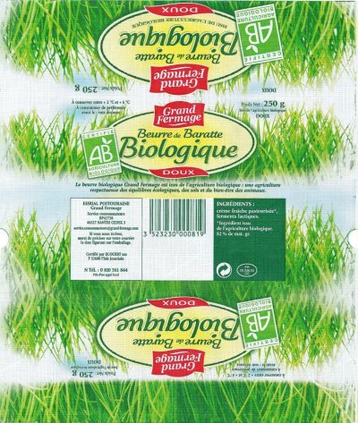 Grand fermage beurre de baratte biologique doux Eurial Poitouraine 250g FR 29.236.90 CE Bretagne France
2013-07-31