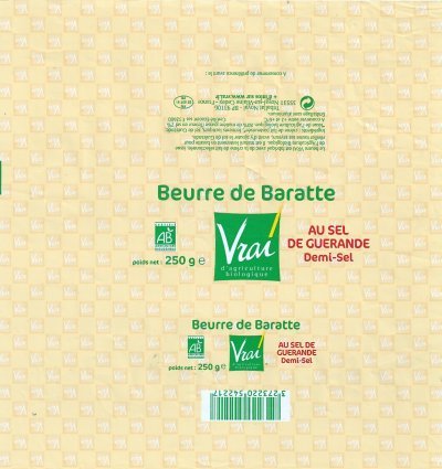 Vrai beurre de baratte au sel de Guérande demi-sel AB 250g FR 35.207.01 CE Bretagne France
2013-07-31