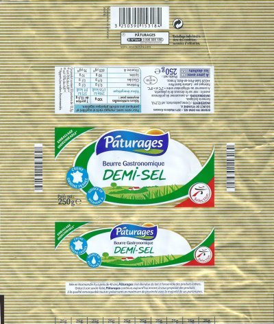Pâturages beurre gastronomique demi-sel crème origine France source de vitamine A sélection 250g FR 44.187.001 CE Pays de Loire France
2013-07-31