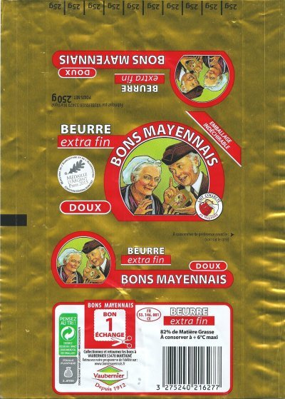 Bons mayennais beurre extra fin doux médaille d'argent Paris 2013 lait collecté en Mayenne bon 1 échange 250g FR 53.146.001 CE Pays de Loire France
2013-08-01