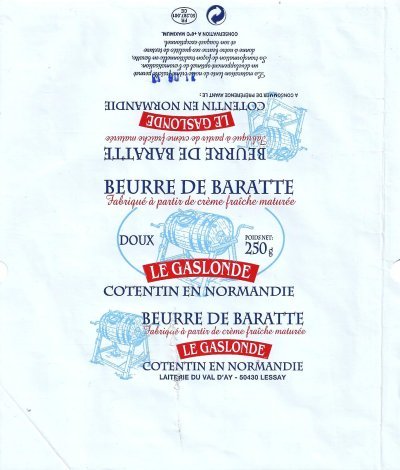 Le gaslonde Cotentin en Normandie beurre de baratte fabriqué à partir de crème fraîche maturée doux laiterie du Val D'Ay Lessay 250g FR 50.267.001 CE
2013-08-01