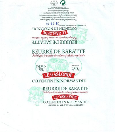 Le gaslonde Cotentin en Normandie beurre de baratte fabriqué à partir de crème fraîche maturée demi-sel laiterie du Val D\'Ay Lessay 250g FR 50.267.00
2013-08-01