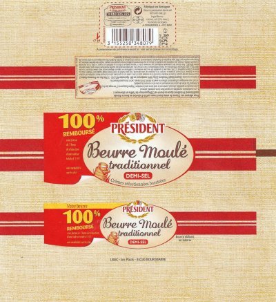 Président beurre moulé traditionnel demi-sel crèmes sélectionnées barattées 100% remboursé 250g FR 35.239.05 CE Bretagne France
2013-08-01