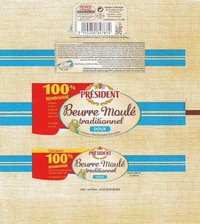 Président beurre moulé traditionnel doux crèmes sélectionnées 100% remboursé 250g FR 35.239.05 CE Bretagne France
2013-08-01