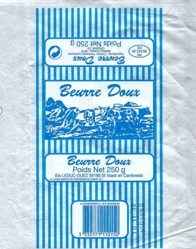 Beurre doux ets Leduc-Duez St Vaast en Cambresis 250g FR 59.547.03 CE Nord-Pas de Calais France
2013-08-09