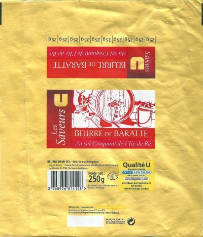 U les saveurs beurre de baratte au sel croquant de l'Île de Ré qualité U demi-sel 250g FR 79.061.01 CE Poitou-Charentes France
2013-08-09