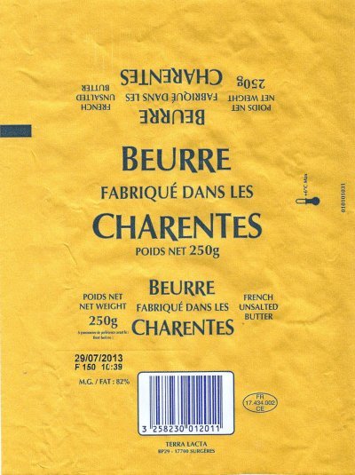 Beurre fabriqué dans les Charentes 250g FR 17.434.002 CE Poitou-Charentes France
2013-08-09