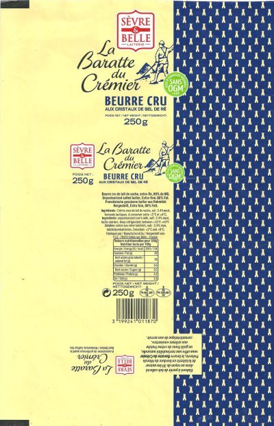 Sèvre & Belle laiterie la baratte du crémier beurre cru aux criastaux de sel de Ré sans OGM 250g FR 79.061.001 CE FR 79.109.001 CE Poitou-Charentes Fran
2013-08-09