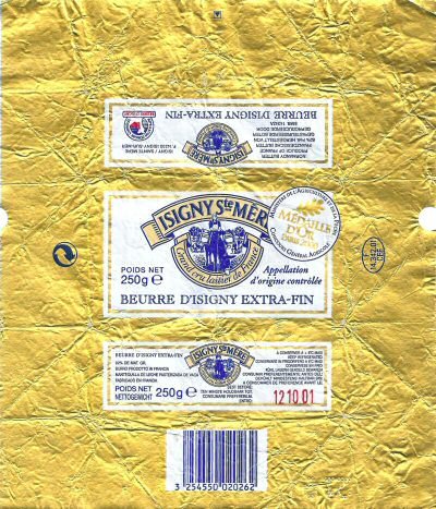 Isigny sur Mer beurre d'Isigny extra-fin AOC grand cru laitier de France médaille d'or Paris 2000 concours général agricole 250g F 14.342.01 CEE Normand
2014-02-05