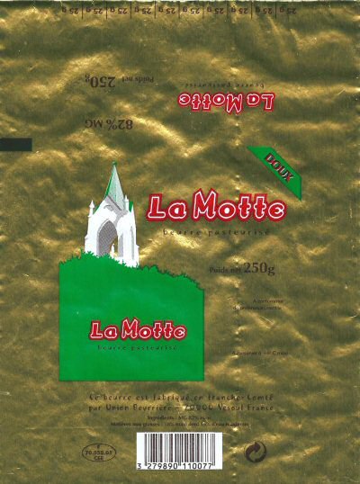 La motte beurre pasteurisé ce beurre est fabriqué en Franche-Comté par Union Beurrière 70000 Vesoul France 250g F 70.550.01 CEE France
2014-02-05
