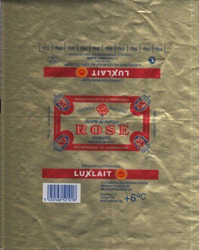 Rose Luxlait beurre de marque contrôlé par l'état pasteurisé première qualité fabriqué et conditionné par Luxlait 500g LU L2 CE Luxembourg
2011-07-10