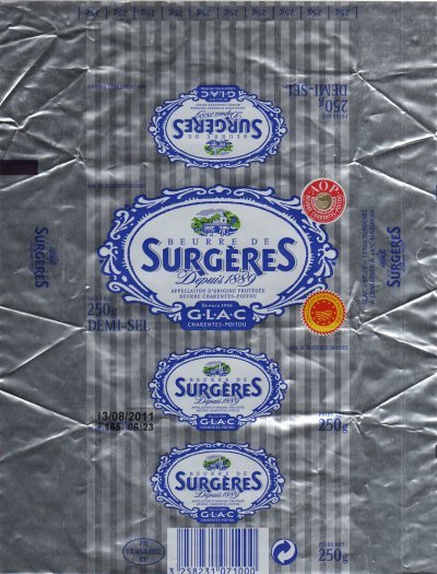 Surgères depuis 1889 beurre Charentes-Poitou G.L.A.C. AOP demi-sel 250g FR 17.434.002.CE Poitou-Charentes France
2011-07-10