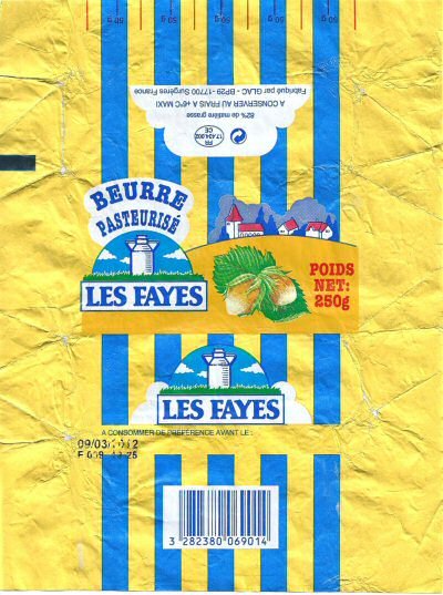 Les fayes beurre pasteurisé fabriqué par Glac 17700 Surgères France 250g FR 17.434.002 CE Poitou-Charentes
2014-02-20