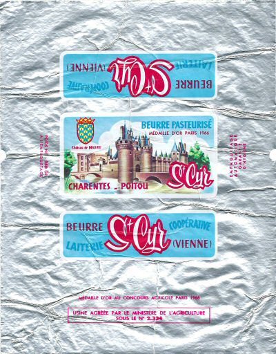 St Cyr beurre pasteurisé coopérative laiterie St Cyr Vienne Charentes-Poitou médaille d'or Paris 1966 usine agréée n° 2334 250g Poitou-Charentes France
2014-03-28