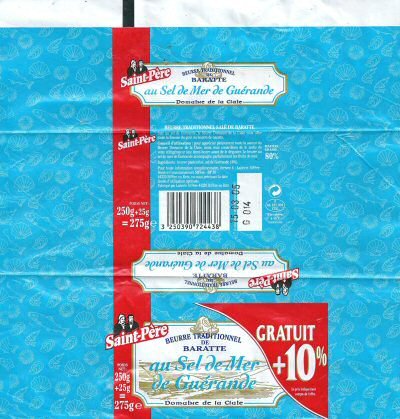 Saint-Père beurre traditionnel de baratte au sel de mer de Guérande domaine de la Claie gratuit + 10% 250g F 44.187.001 CE Pays de Loire France
2014-04-11