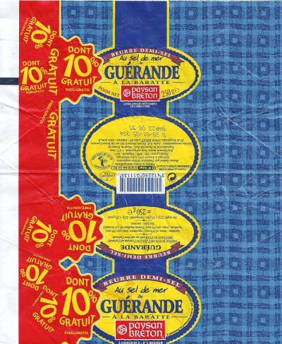 Paysan breton beurre demi-sel au sel de mer de Guérande à la baratte dont 10% gratuit free gratis 225g + 25g = 250g F 44.003.001 CEE Pays de Loire France
2014-04-11