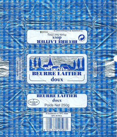 Beurre laitier doux 250g F 59.343.31 CEE Nord-Pas de Calais France
2014-04-11