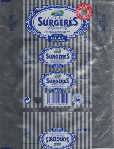 Surgères depuis 1889 beurre Charentes-Poitou G.L.A.C. AOC demi-sel 250g FR 17.434.002.CE Poitou-Charentes France
2011-08-03