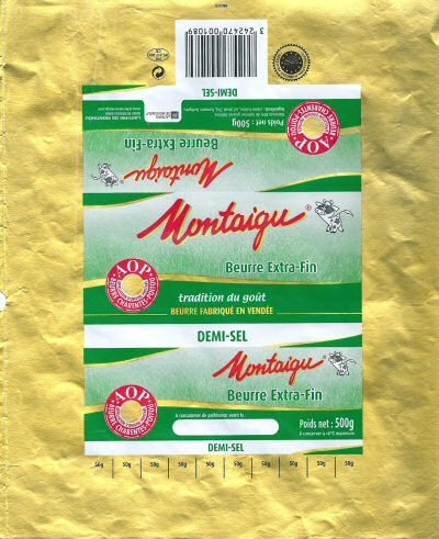 montaigu beurre extra-fin AOP beurre Charentes-Poitou laiterie de Montaigu 500g FR 85.217.001 Pays de Loire France
2014-08-19
