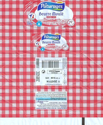 Pâturages beurre moulé demi-sel crème française source de vitamine A 250g FR 29.156.090 CE Bretagne France
2014-08-20