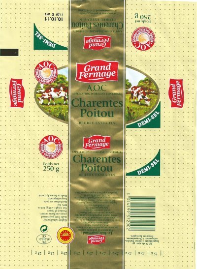 Grand fermage Charentes-Poitou AOC demi-sel fabriqué par Eurial Poitouraine 85170 Belleville sur Vie 250g FR 85.019.10 CE Pays de Loire France
2011-08-09
