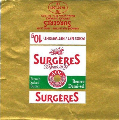 Surgères beurre demi-sel french salted butter fabriqué par Lescure 16440 CLAIX 10g FR 16.101.001 CE Poitou-Charentes France
2011-08-09