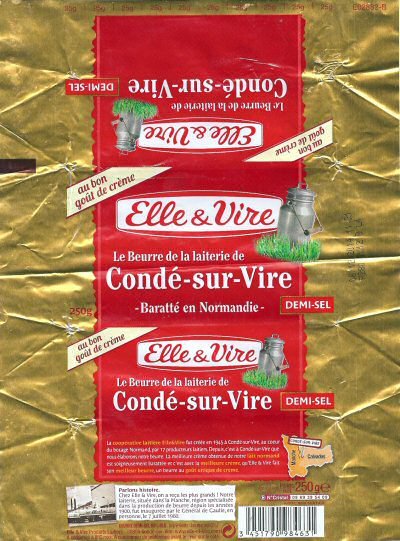 Elle & Vire le beurre de la laiterie de Condé-sur-Vire demi-sel au bon goût de crème 250g FR 50.139.001 Normandie France
2014-12-29