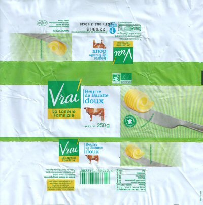 Vrai beurre de baratte la laiterie familiale doux agriculture biologique AB 250g FR 35.207.01 CE Bretagne France
2015-08-31