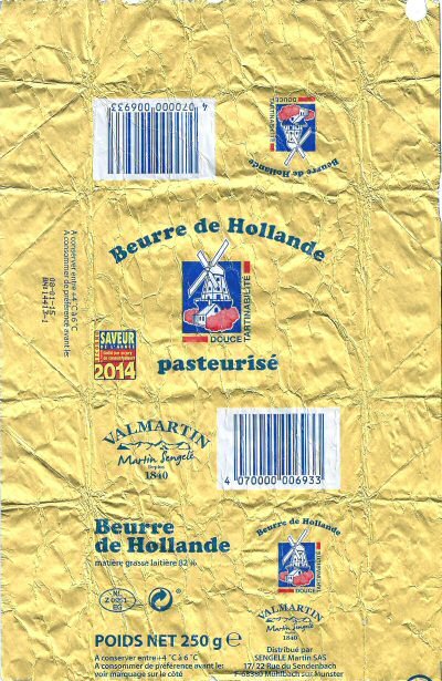 Beurre de Hollande Valmartin Martin Sengelé depuis 1840 saveur de l année 2014 250g NL Z 0051 EG France
2015-09-01