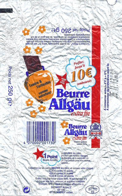 Beurre Allgäu 1 point extra fin le beurre Allgäu provient des fameux alpages de Bavière 10 euros remboursés 250g DE BY 710 EG France
2015-09-01