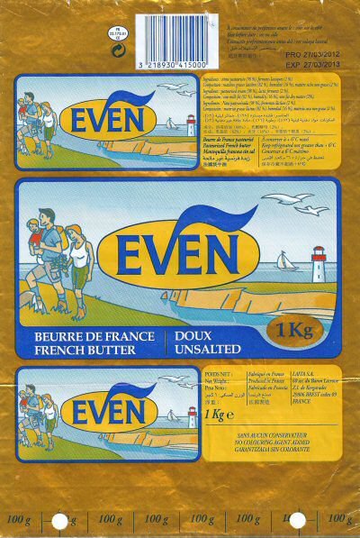 Even beurre de France doux french butter unsalted 1000g 1 kg beurre de France pasteurisé FR 22.172.01 CE Bretagne
2015-09-15