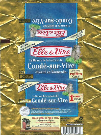 Elle & Vire le beurre de la laiterie de Condé-sur-Vire baratté en Normandie 1 point condé doux médaille d argent Paris 2015 250g FR 50.139.001 CE France
2015-12-14
