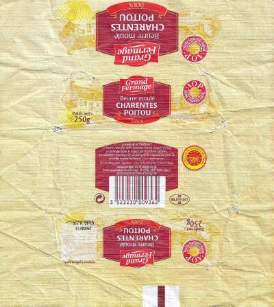 Grand fermage beurre moulé Charentes Poitou doux 250g AOP FR 85.019.001 CE Pays de Loire France
2015-12-14