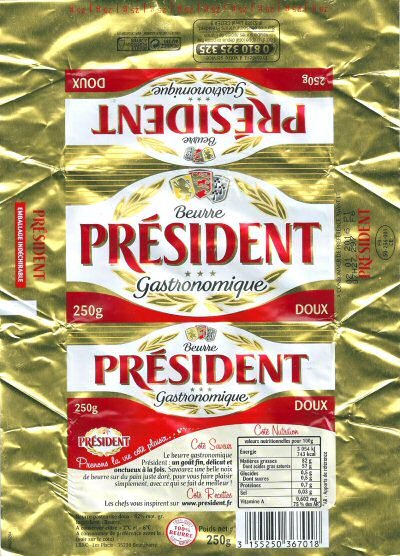 Président beurre gastronomique doux 100% beurre prenons la vie côté plaisir 250g FR 50.256.001 CE Normandie France
2015-12-14