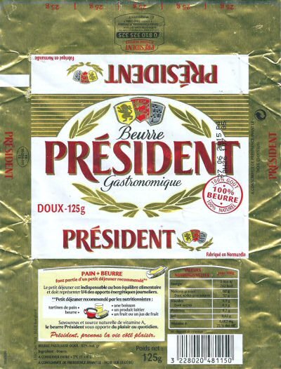 Président beurre gastronomique doux 125g 100% beurre pain + beurre font partie d un petit déjeuner recommandé fabriqué en Normandie FR 50.256.001 CE France
2015-12-14