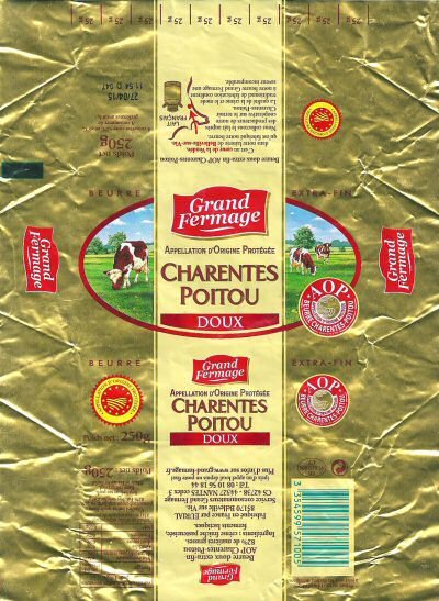 Grand fermage A. O. P. Charentes Poitou doux beurre extra-fin lait français 250g FR 85.015.001 CE Pays de Loire France
2015-12-21