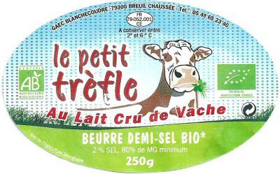 Le petit trèfle au lait cru de vache beurre demi-sel bio GAEC Blanchecoudre Breuil Chaussée 250g FR 79.052.001 CE Poitou-Charentes France
2015-12-21