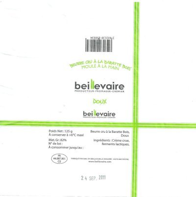 Beillevaire producteur-fromager-crémier doux beurre cru à la baratte bois moulé à la main 125g FR 44.087.001 CE Machecoul Pays de Loire France
2011-10-18