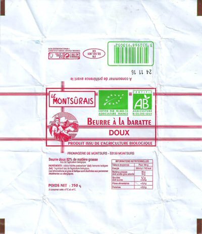 Le Montsûrais beurre à la baratte doux produit issu de l agriculture biologique fromagerie de Montsurs 250g FR 53.161.001 CE Pays de Loire France
2016-10-17
