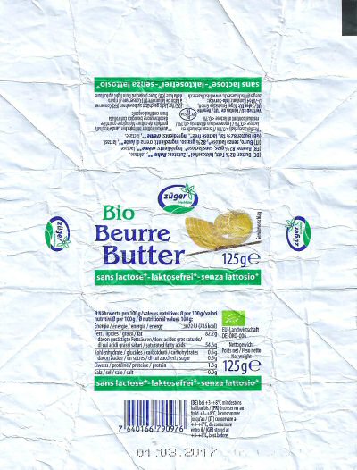 Züger beurre butter sans lactose garantie 125g DE BY 70534 EG 
