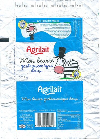 Agrilait mon beurre gastronomique doux produit en Bretagne laiterie Coralis www.agrilait.fr 250g FR 35.051.001 CE Bretagne France
2017-09-26