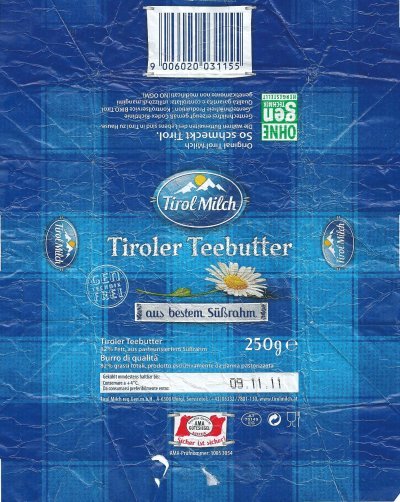 Tirol milch tiroler teebutter aus bestem süssrahm 250g AT 70149 EG Autriche
2011-10-20