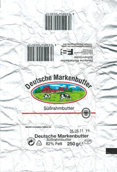 Deutsche markenbutter süssrahmbutter 250g DE TH 606 EG Thuringe Allemagne
2011-10-20